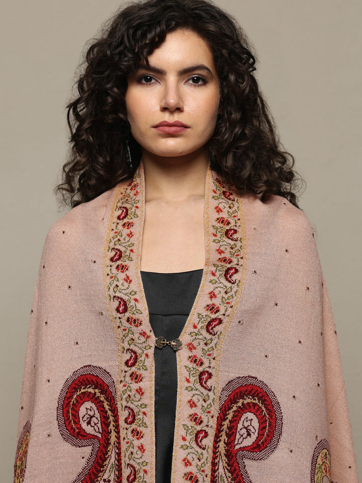 Beige Woven Design Wool Wrap Shawl