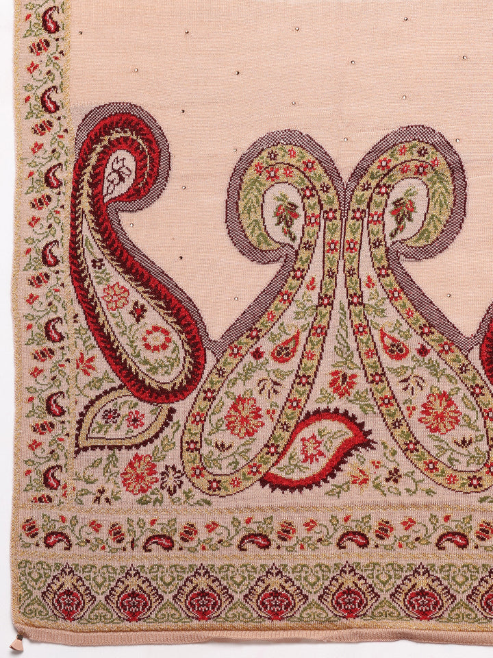 Beige Woven Design Wool Wrap Shawl