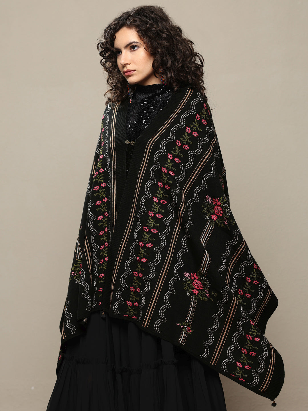 Black Woven Design Wool Wrap Shawl