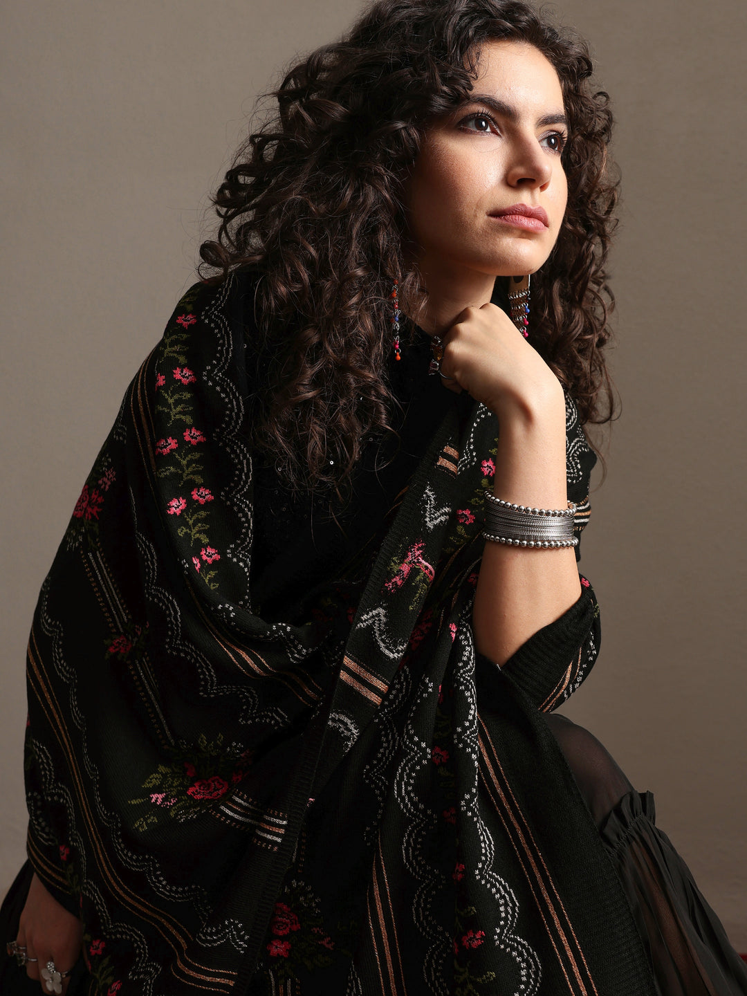 Black Woven Design Wool Wrap Shawl