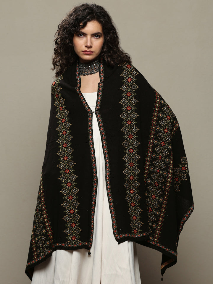 Black Woven Design Wool Women's Shawl
