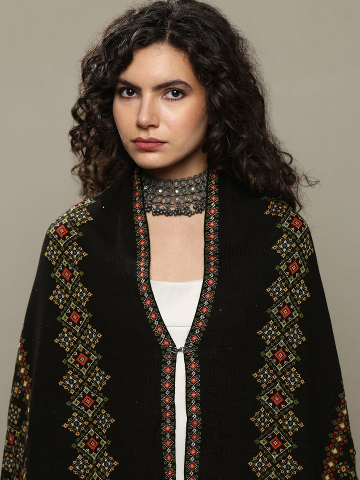 Black Woven Design Wool Women's Shawl