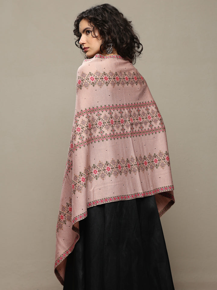 Beige Woven Design Wool Women's Shawl