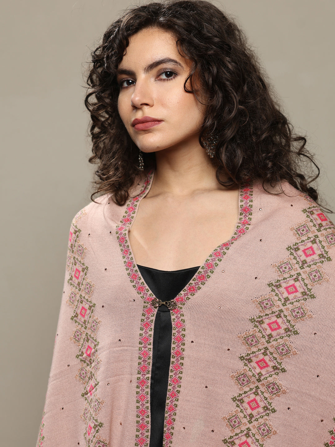 Beige Woven Design Wool Women's Shawl