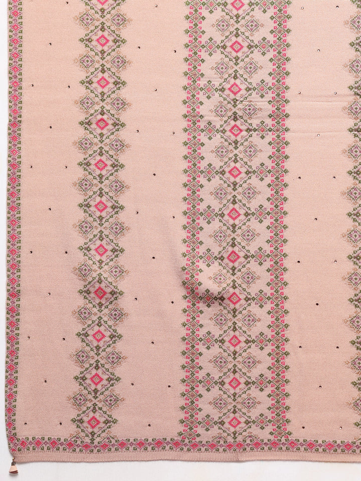 Beige Woven Design Wool Women's Shawl