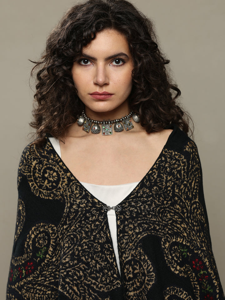 Black Woven Design Wool Women's Shawl