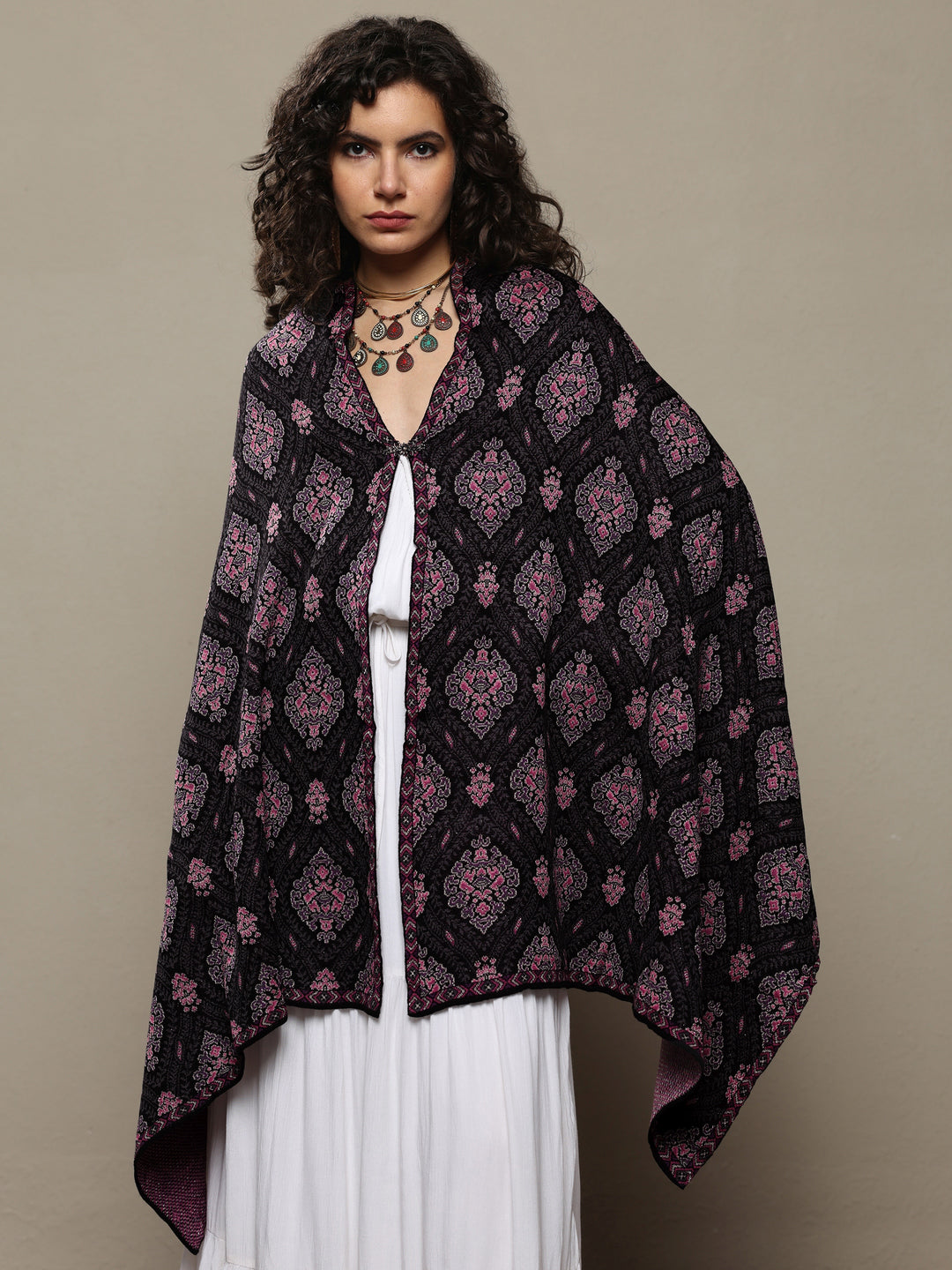 Black Woven Design Wool Wrap Shawl