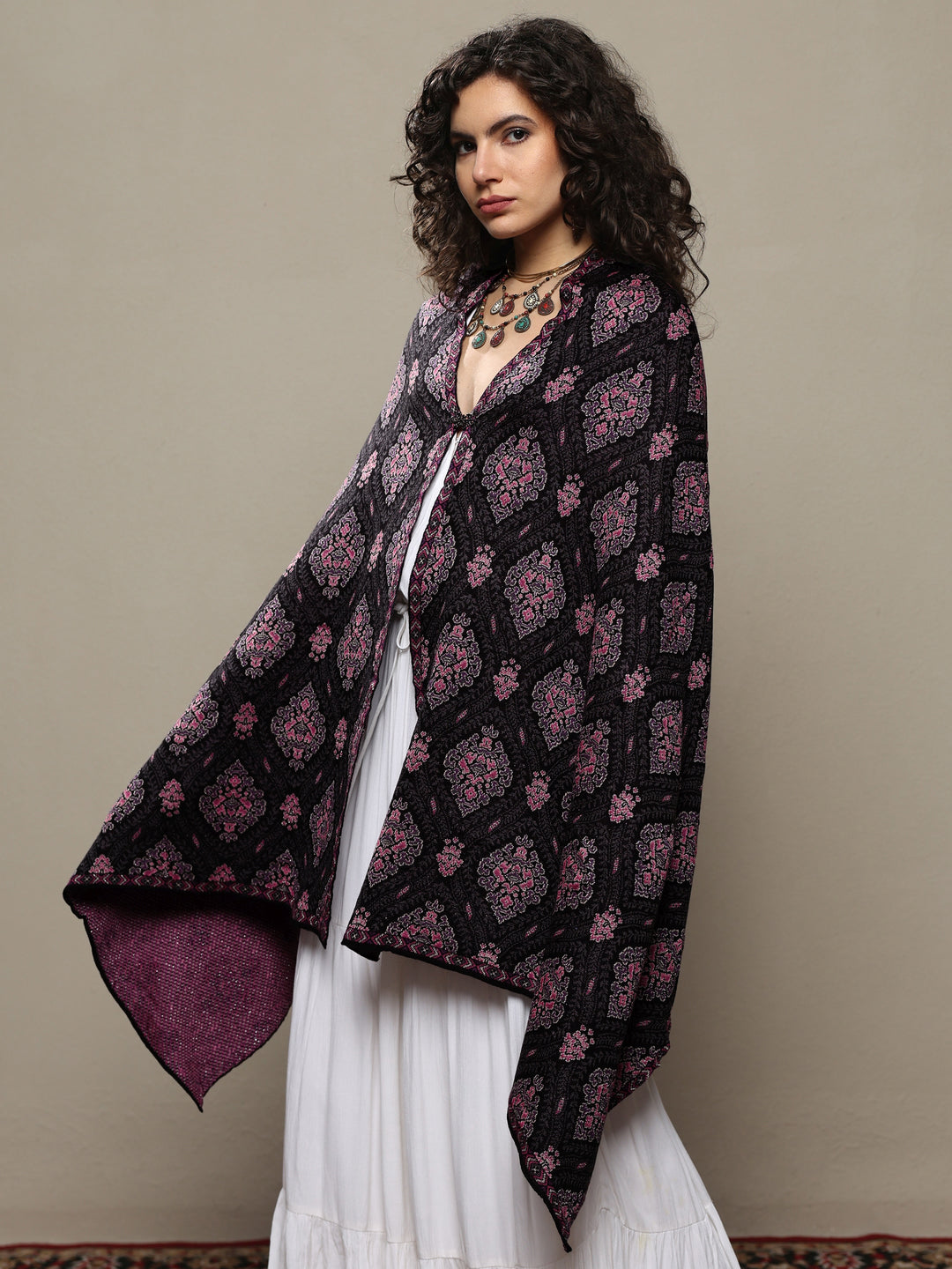 Black Woven Design Wool Wrap Shawl