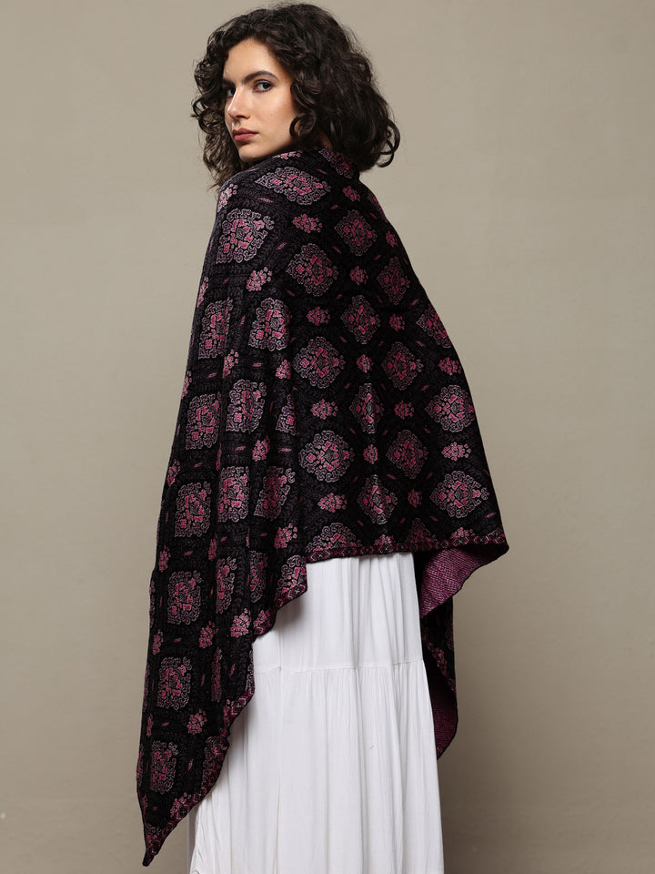 Black Woven Design Wool Wrap Shawl
