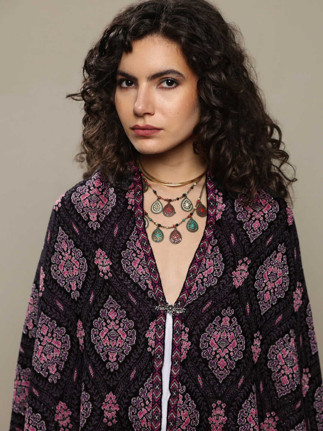 Black Woven Design Wool Wrap Shawl