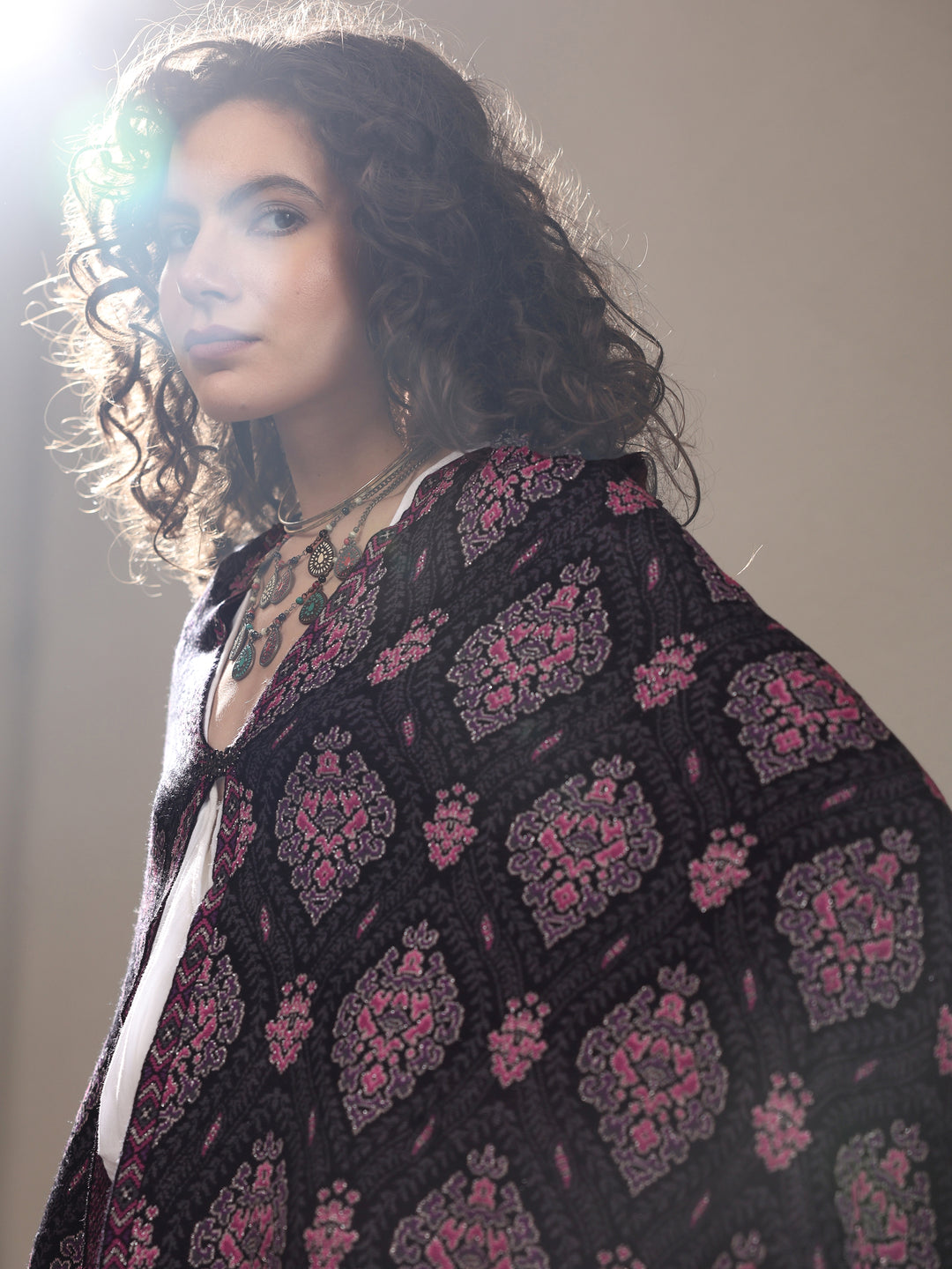 Black Woven Design Wool Wrap Shawl