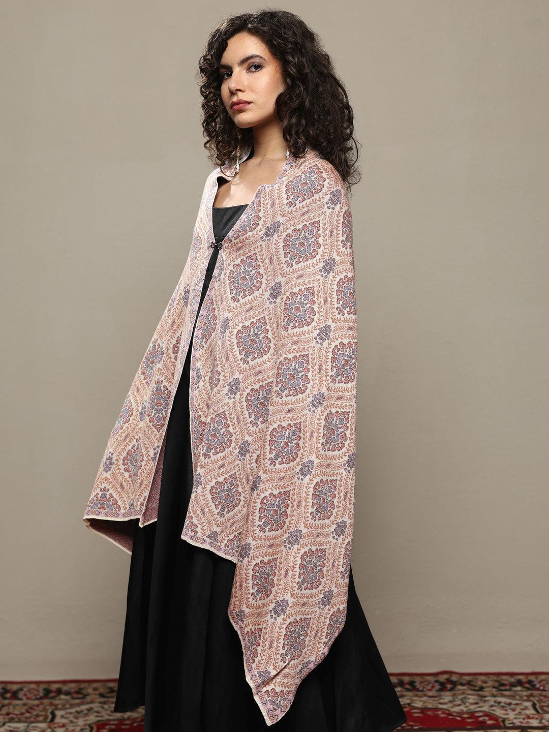 Cream Woven Design Wool Wrap Shawl