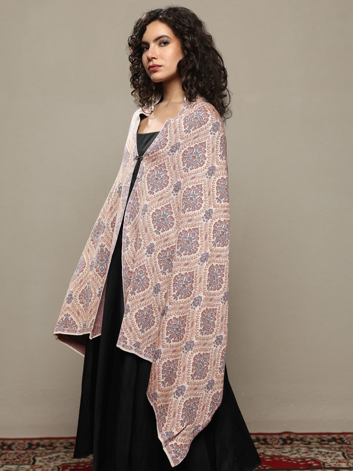 Cream Woven Design Wool Wrap Shawl