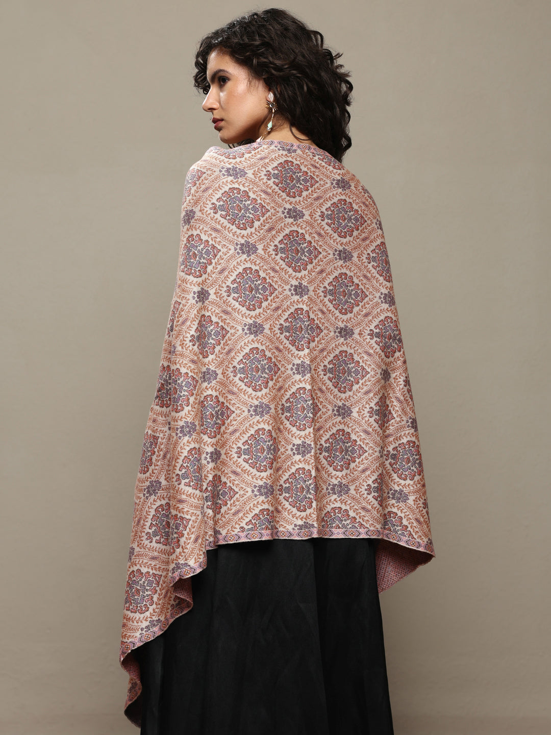 Cream Woven Design Wool Wrap Shawl