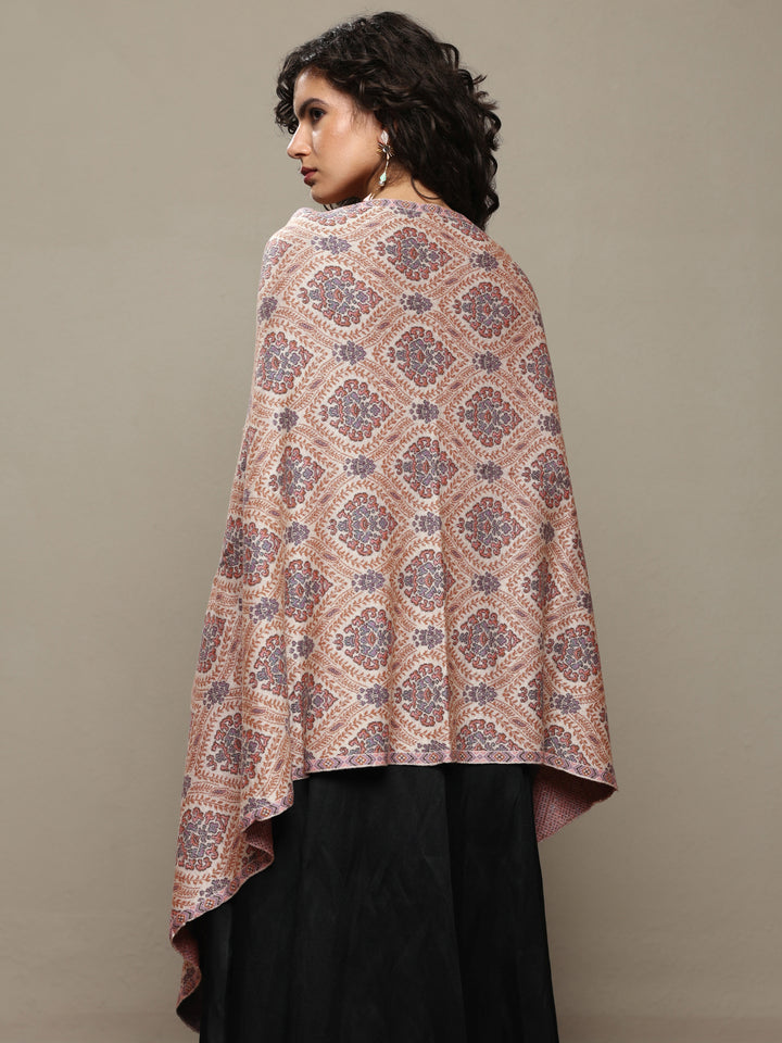 Cream Woven Design Wool Wrap Shawl