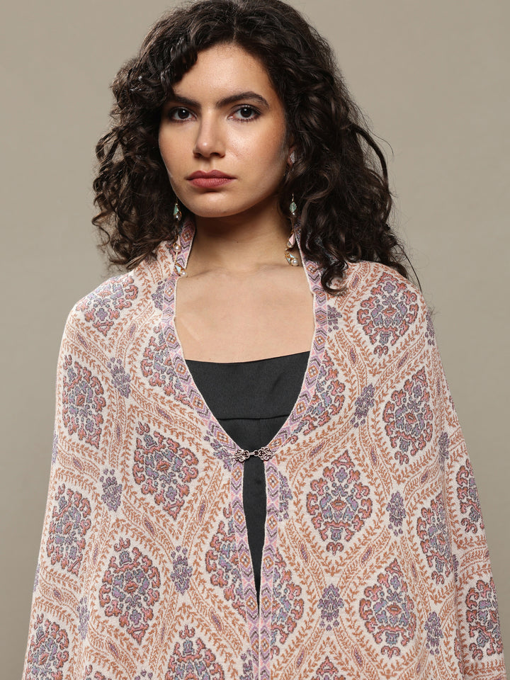 Cream Woven Design Wool Wrap Shawl