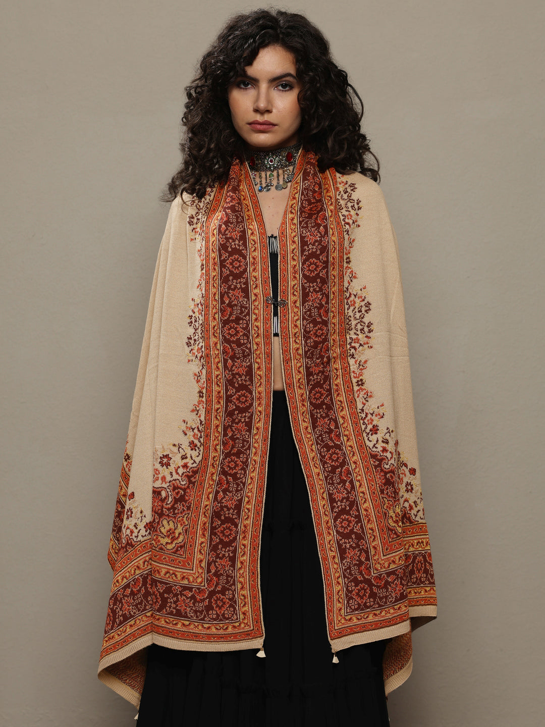 Beige Woven Design Wool Women's Shawl