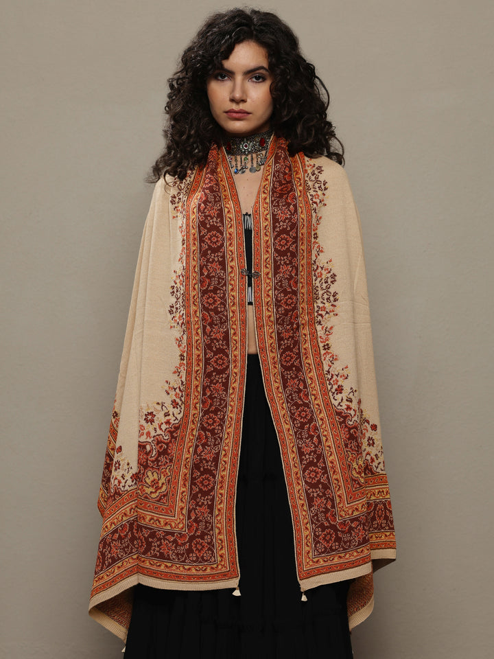Beige Woven Design Wool Women's Shawl