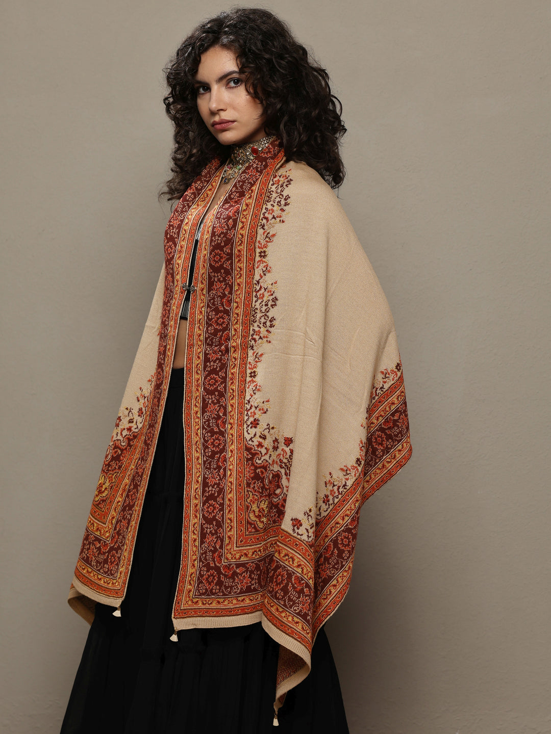Beige Woven Design Wool Women's Shawl