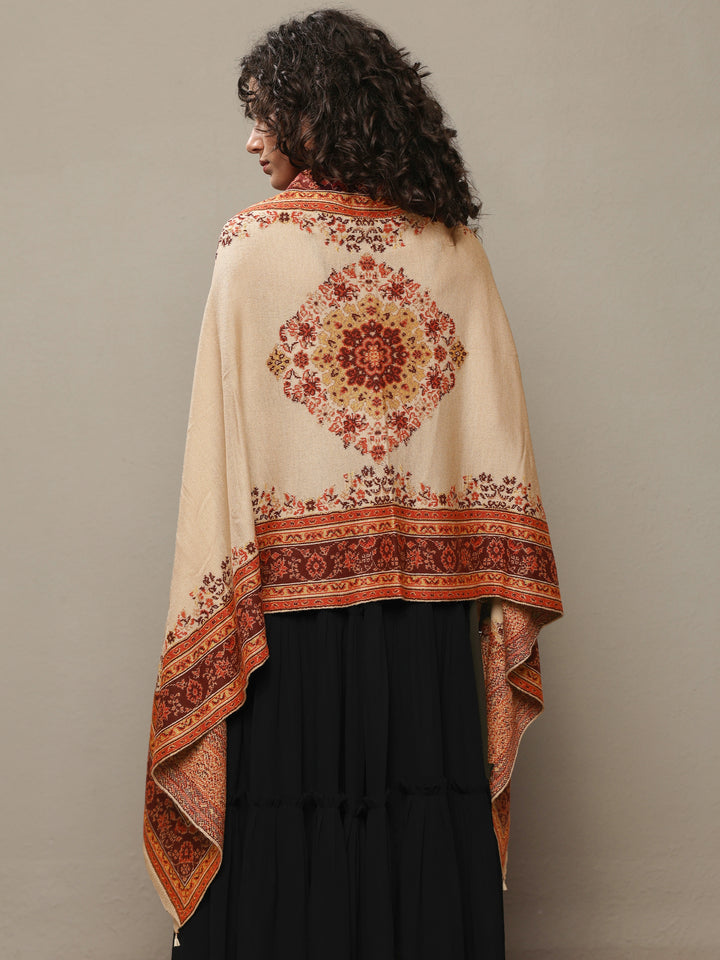 Beige Woven Design Wool Women's Shawl