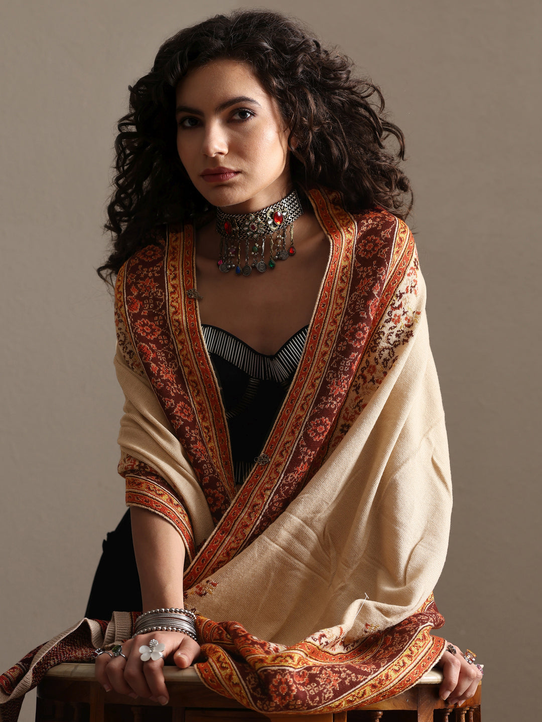Beige Woven Design Wool Women's Shawl