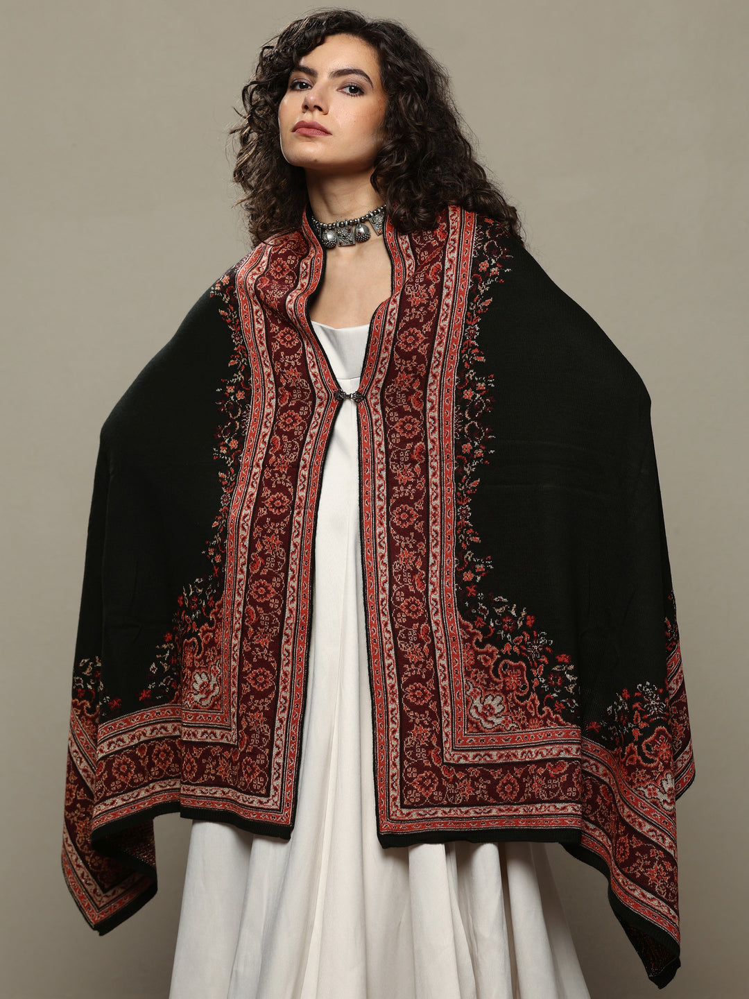 Black Woven Design Wool Wrap Shawl