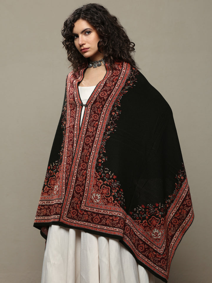 Black Woven Design Wool Wrap Shawl