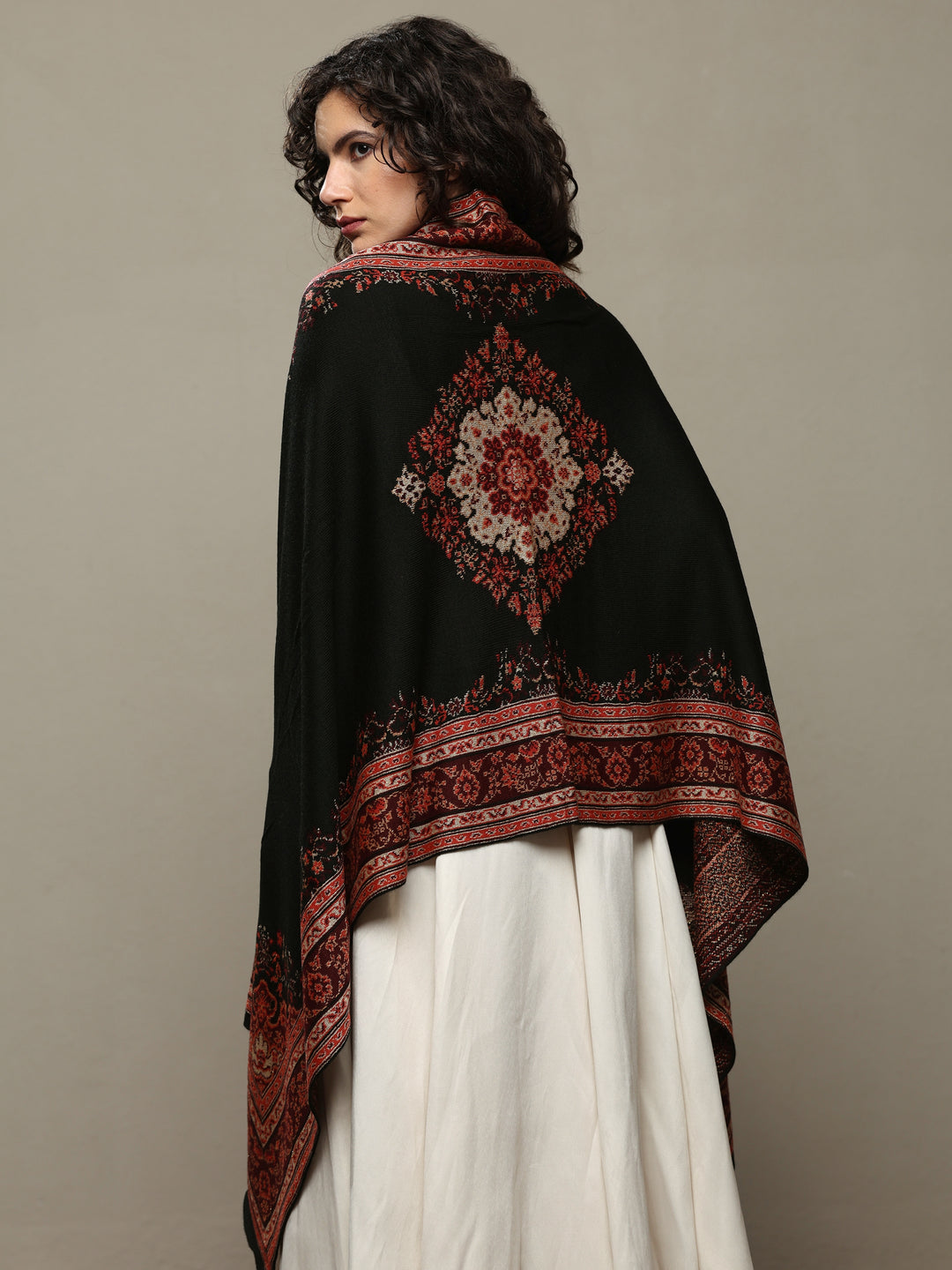 Black Woven Design Wool Wrap Shawl