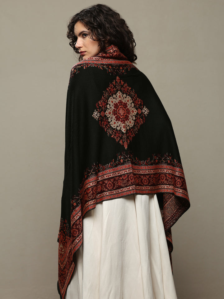 Black Woven Design Wool Wrap Shawl