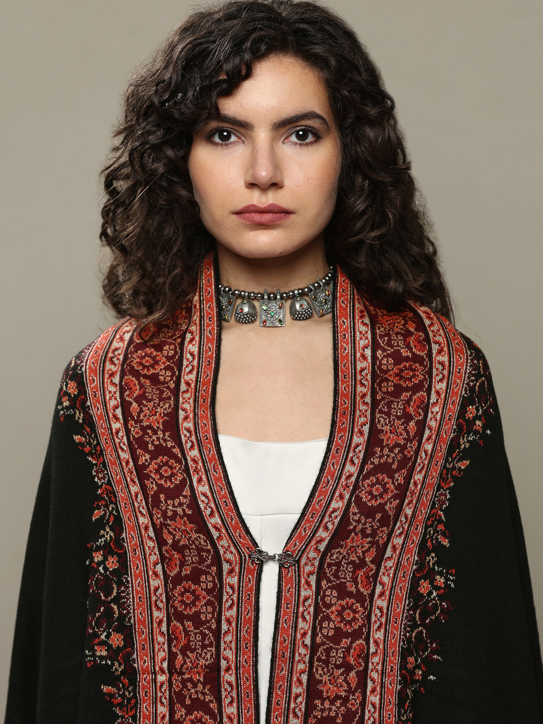 Black Woven Design Wool Wrap Shawl