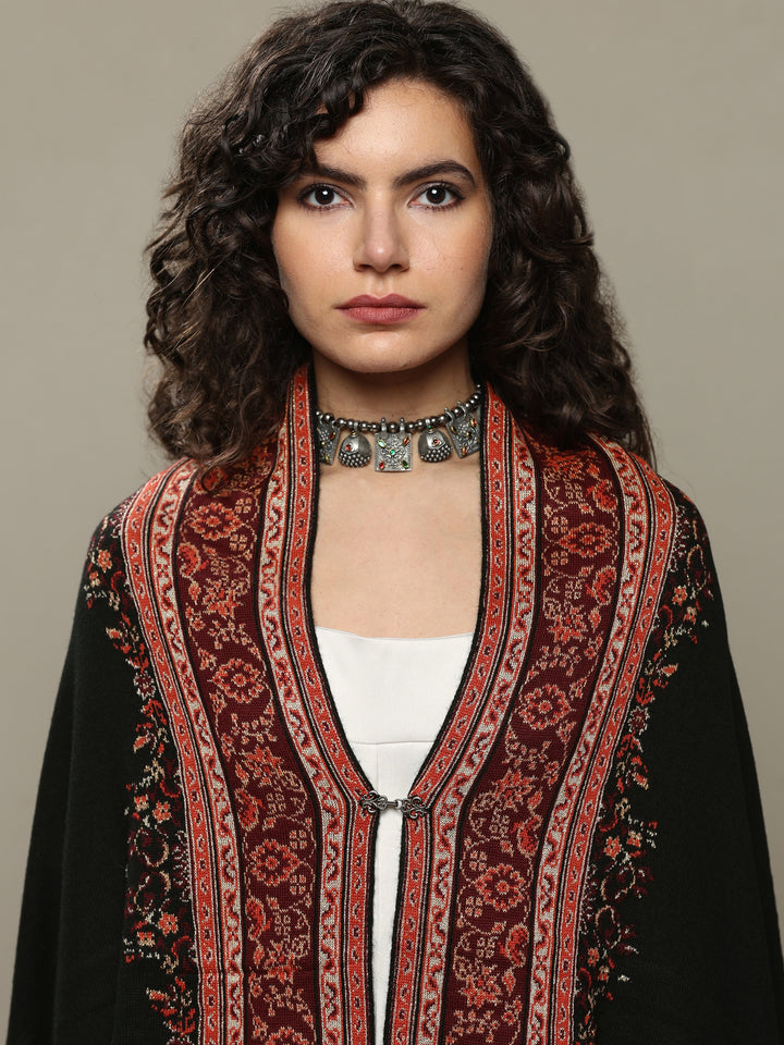 Black Woven Design Wool Wrap Shawl