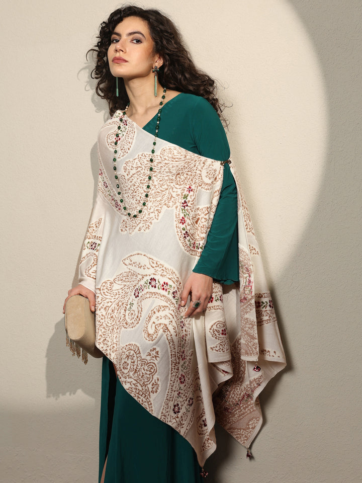 White Woven Design Wool Women's Shawl