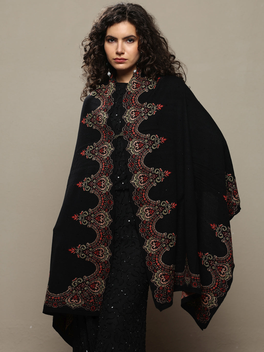 Black Woven Design Wool Wrap Shawl