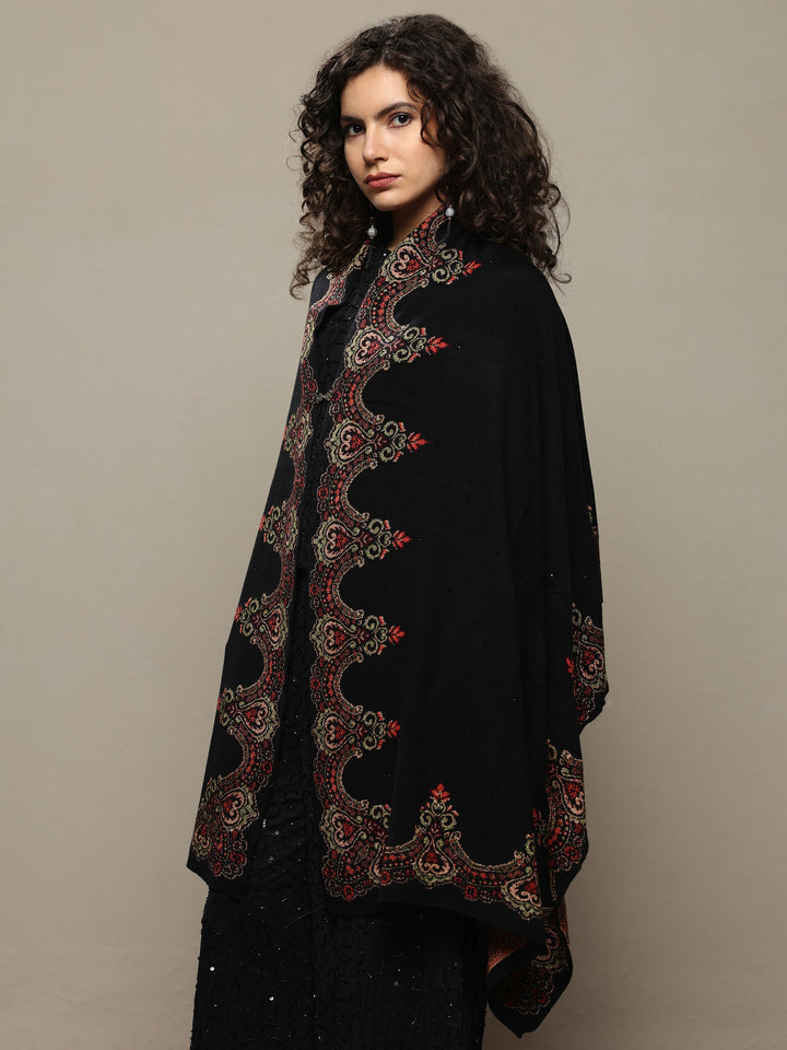 Black Woven Design Wool Wrap Shawl