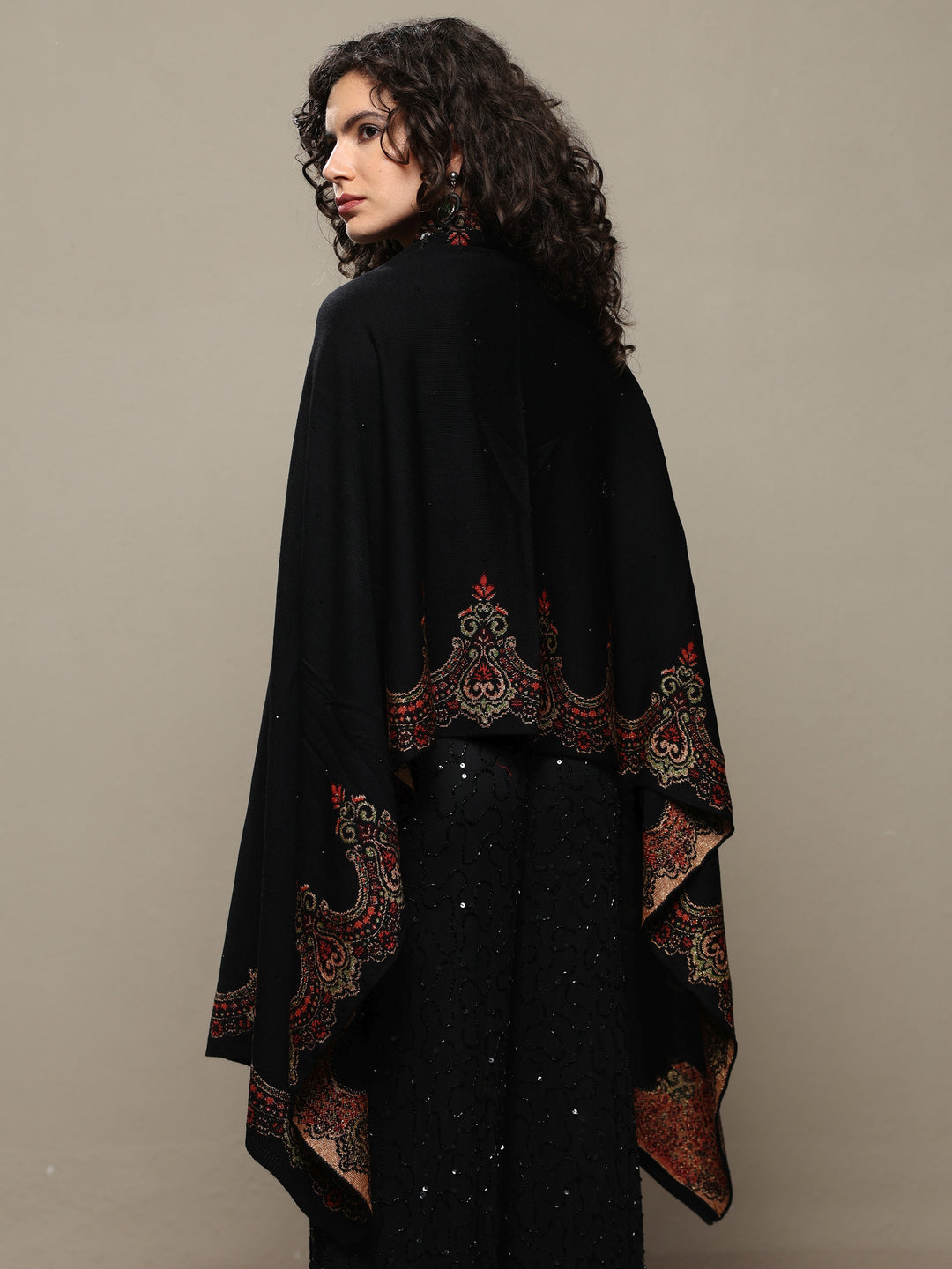 Black Woven Design Wool Wrap Shawl