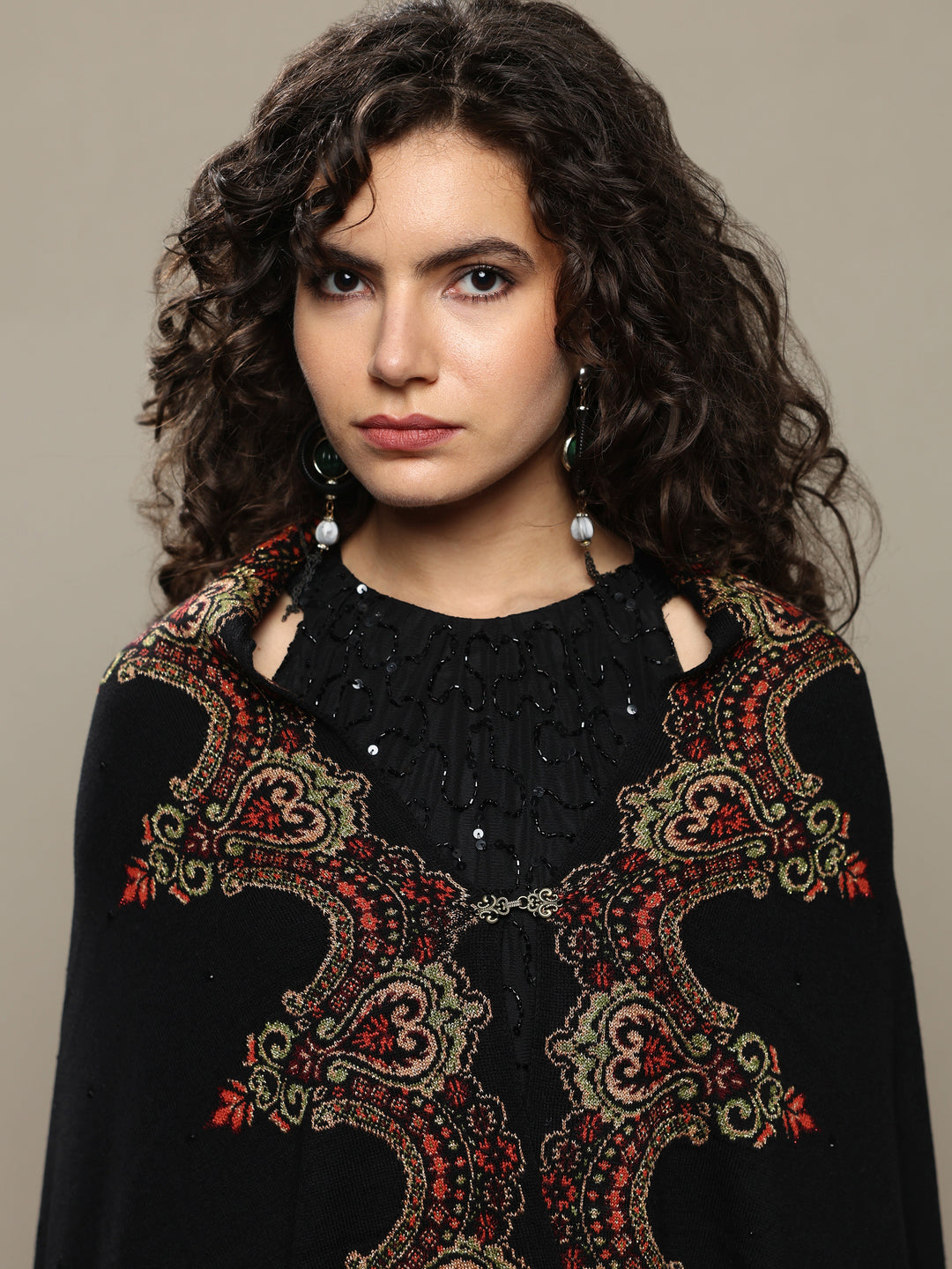 Black Woven Design Wool Wrap Shawl