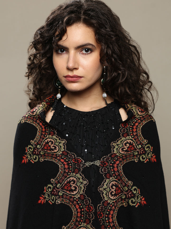 Black Woven Design Wool Wrap Shawl