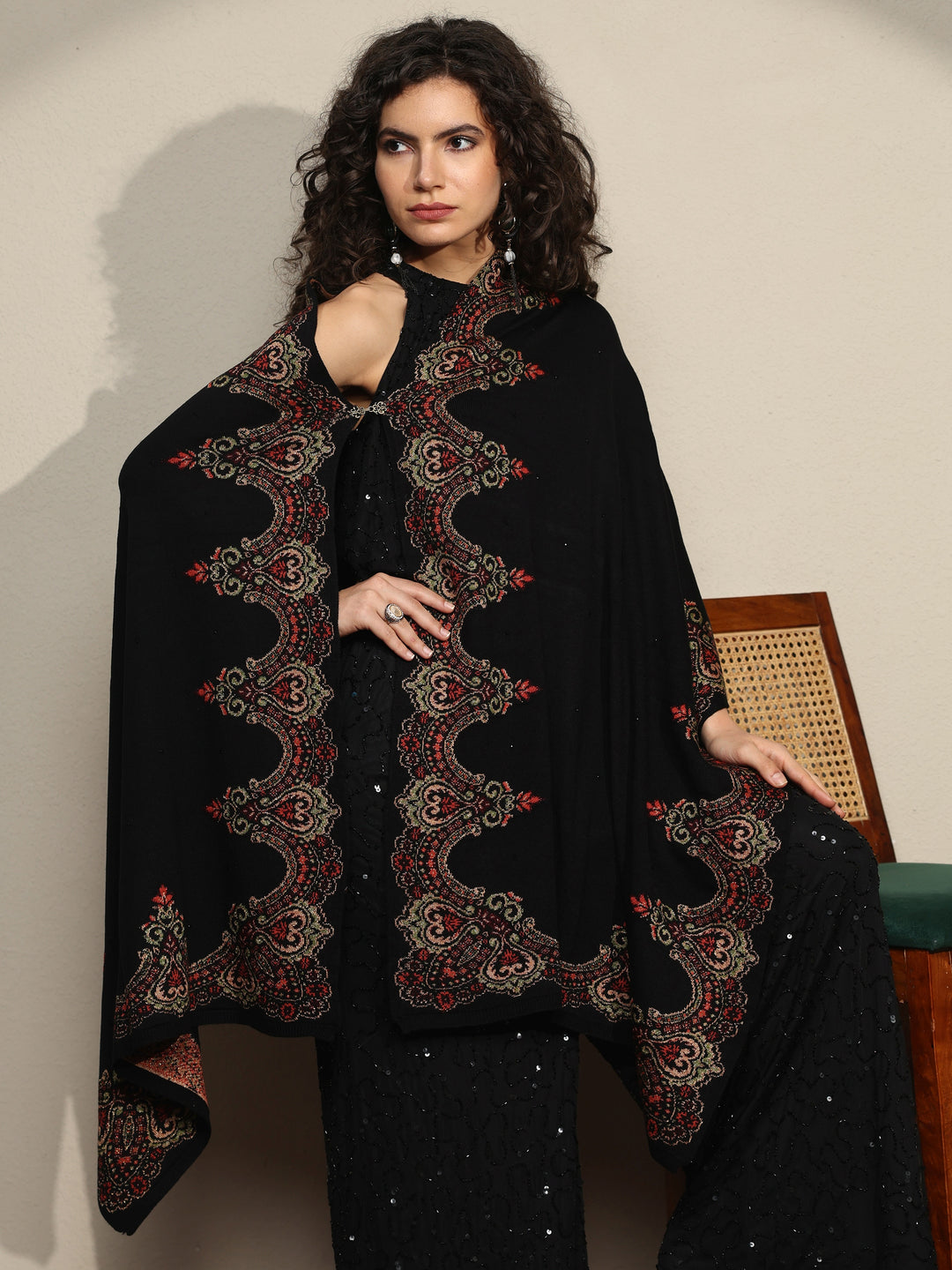 Black Woven Design Wool Wrap Shawl