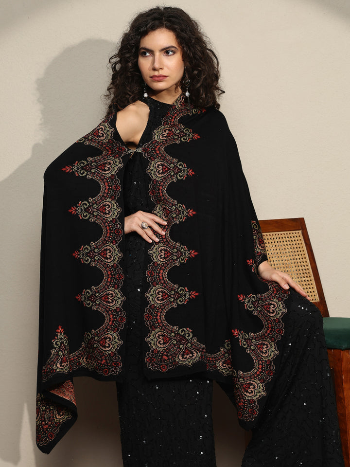 Black Woven Design Wool Wrap Shawl
