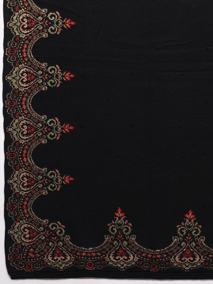 Black Woven Design Wool Wrap Shawl