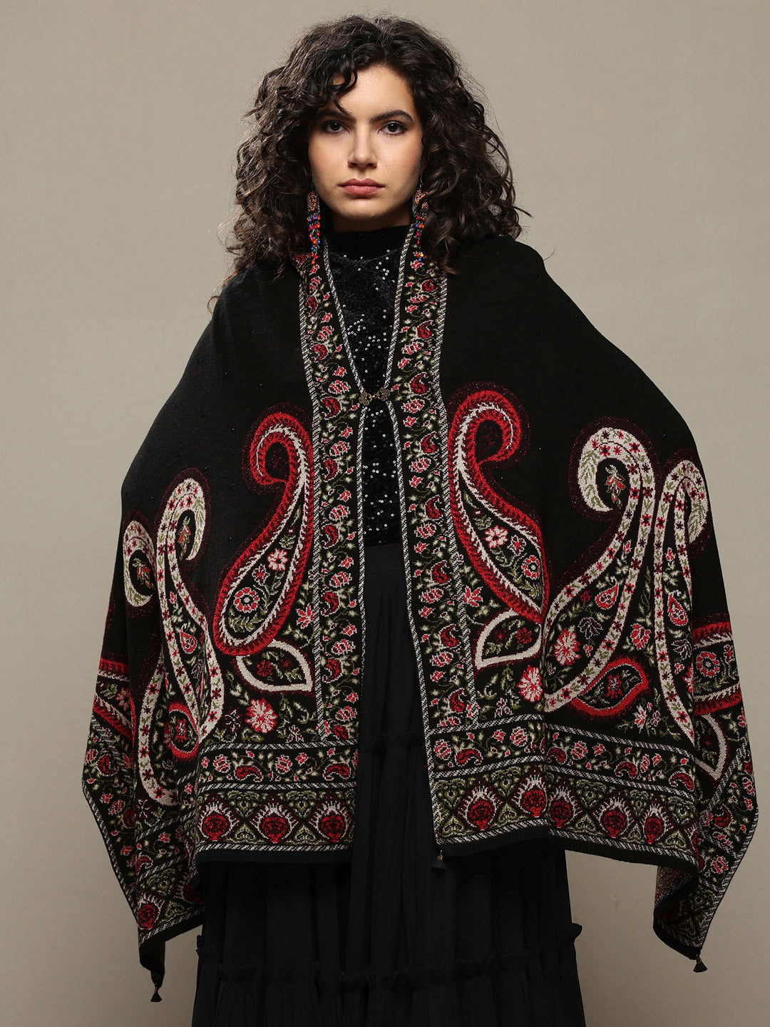 Black Woven Design Wool Wrap Shawl