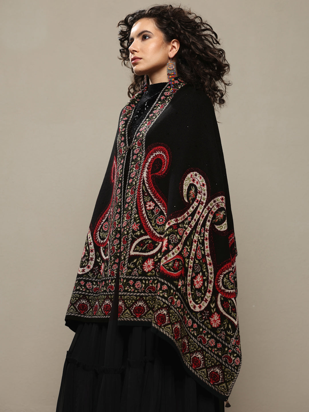 Black Woven Design Wool Wrap Shawl