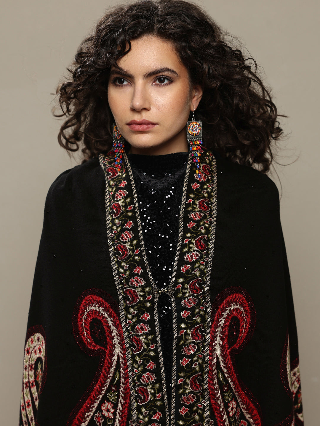 Black Woven Design Wool Wrap Shawl