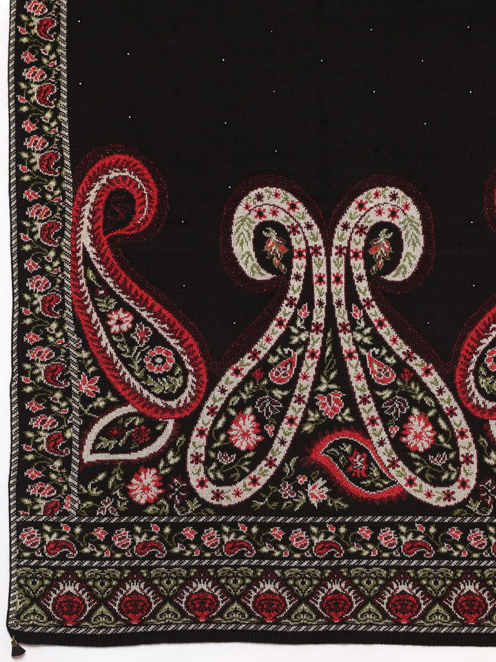 Black Woven Design Wool Wrap Shawl