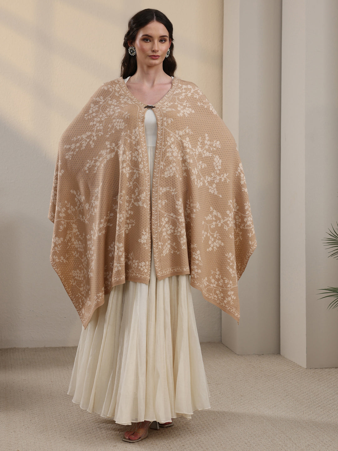 Libas Beige Floral Mesh Knitted Acrylic Wrap Shawl