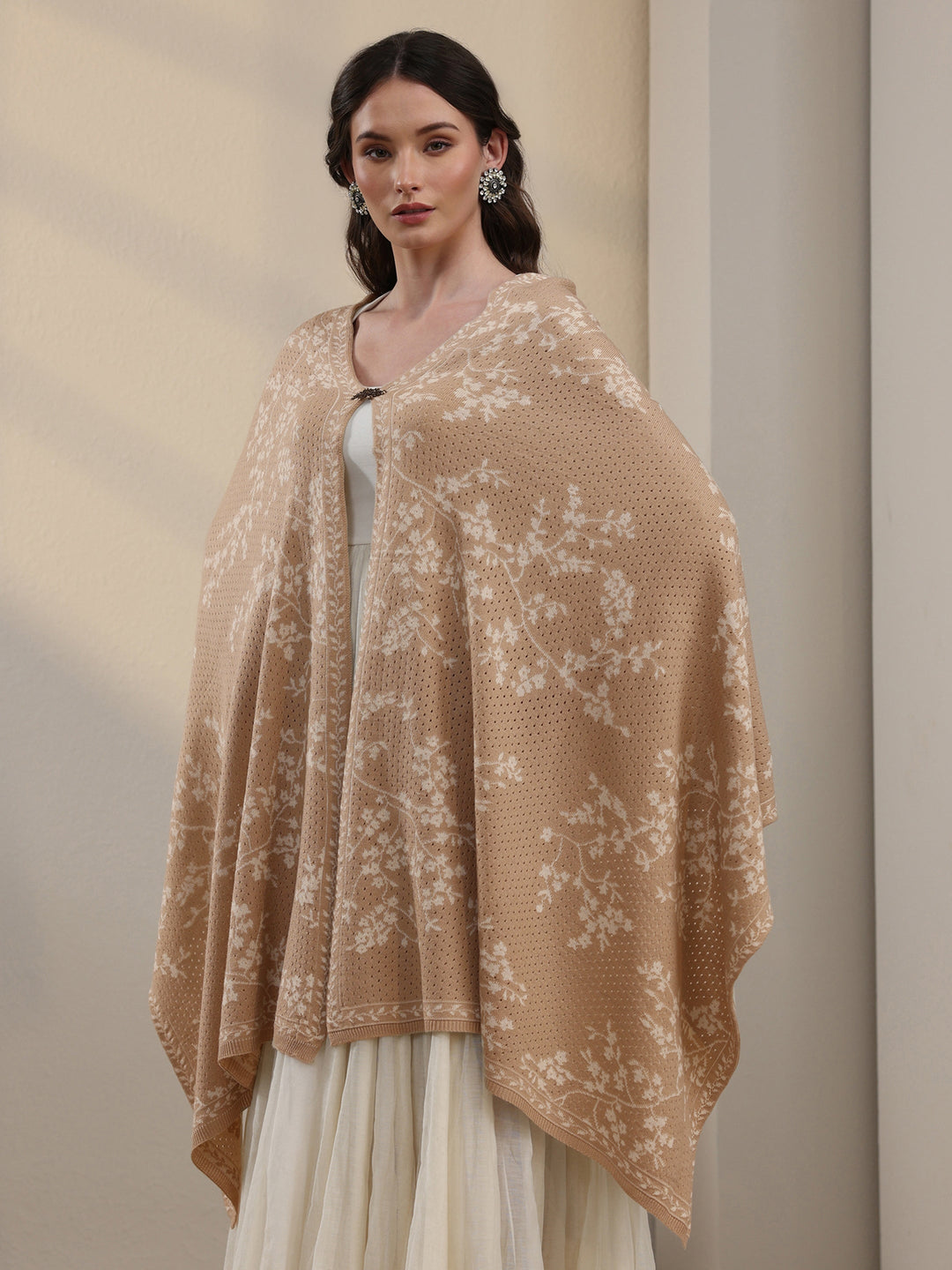 Libas Beige Floral Mesh Knitted Acrylic Wrap Shawl