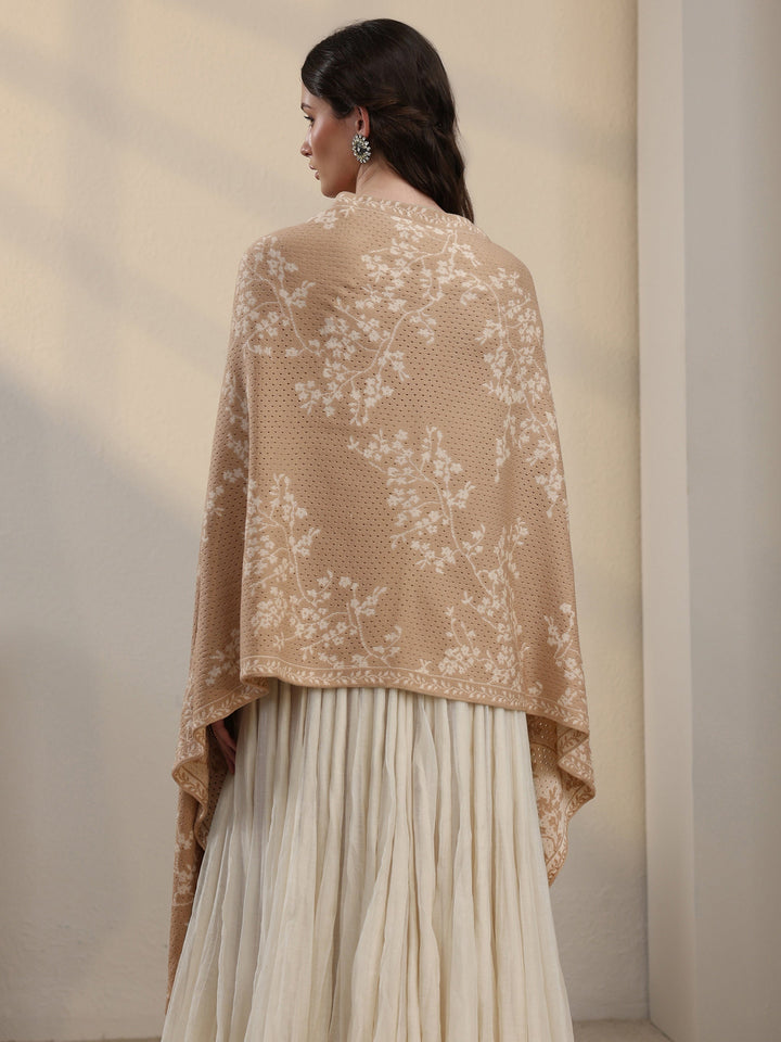 Libas Beige Floral Mesh Knitted Acrylic Wrap Shawl