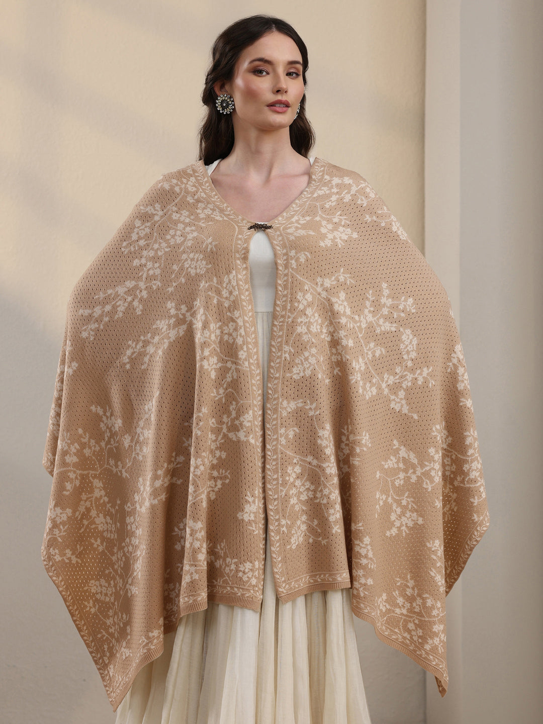 Libas Beige Floral Mesh Knitted Acrylic Wrap Shawl