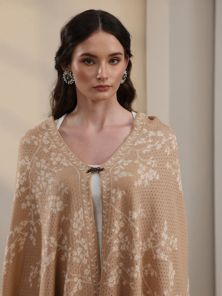 Libas Beige Floral Mesh Knitted Acrylic Wrap Shawl