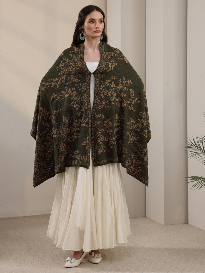 Libas Dark Green Floral Mesh Knitted Acrylic Wrap Shawl